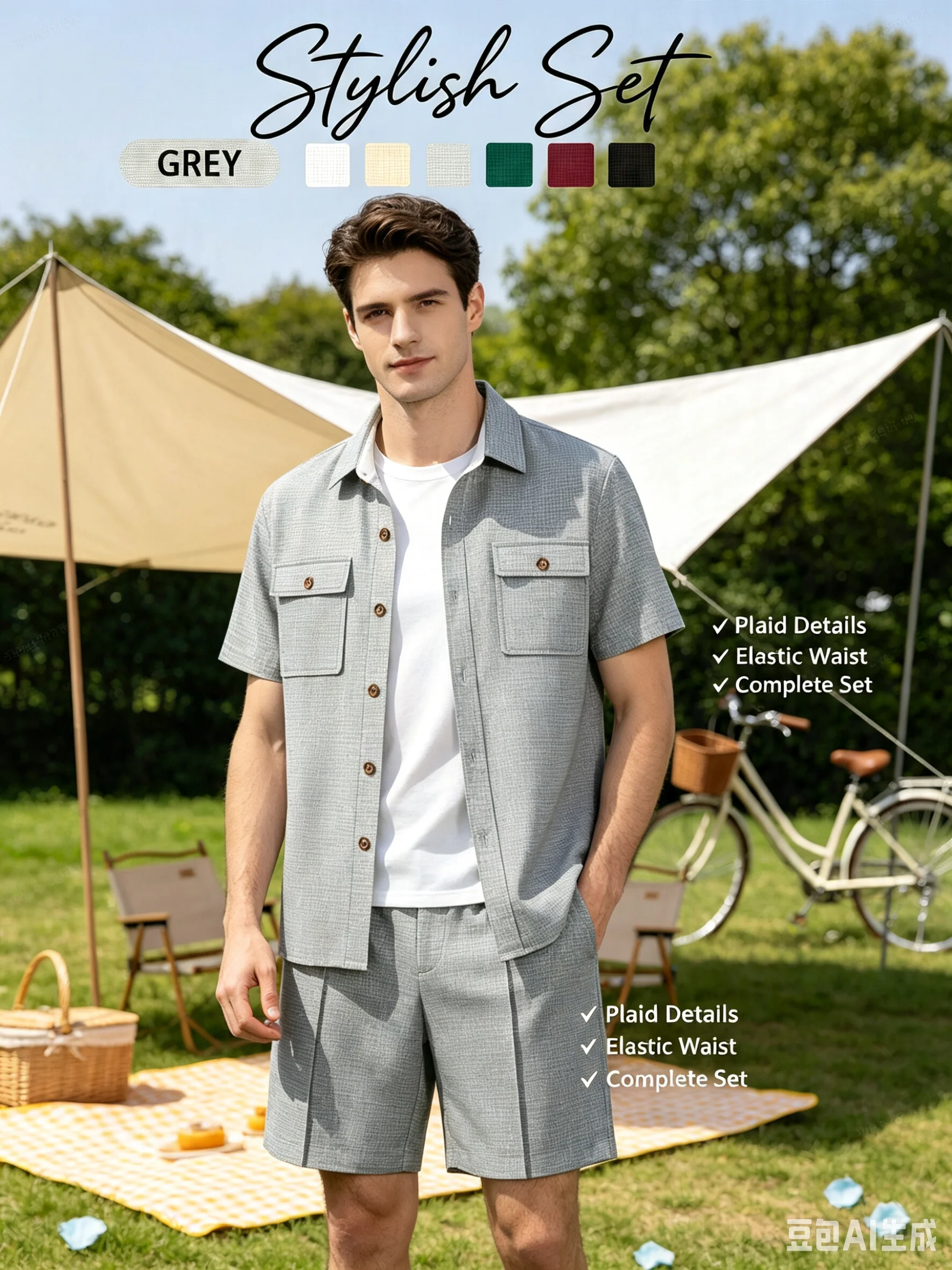 Men'sSummer Waffle Textured 3-in-1 Outfit Set Lapel Short Sleeve Shirt with Long Pants and Shorts Daily Casual Two-Way Wear Suit - view 6