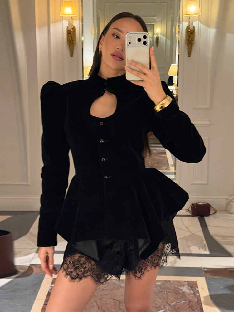Elegant Women Hollow Out Coat Puff Sleeve Single Breasted Stand Collar Tunic Female Solid Jacket Fashion Ladies Top For Party