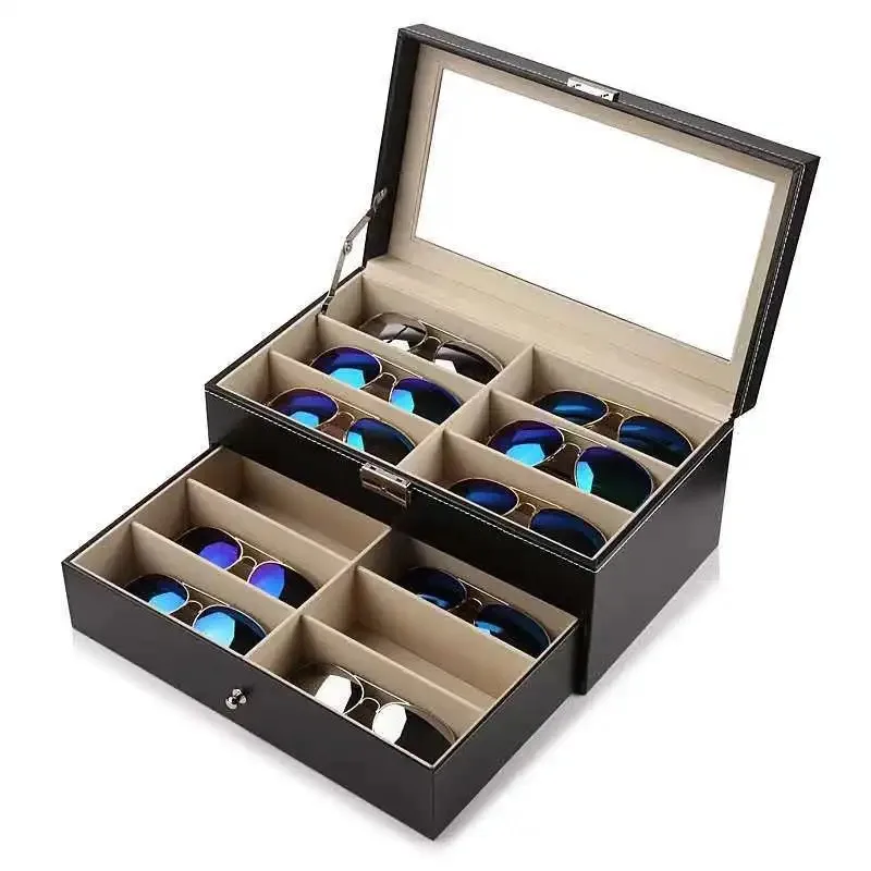 

PU Leather Glasses Storage Box Large capacity Sunglasses Display Box Women Glasses Case Jewelry Collection Box Double Layer