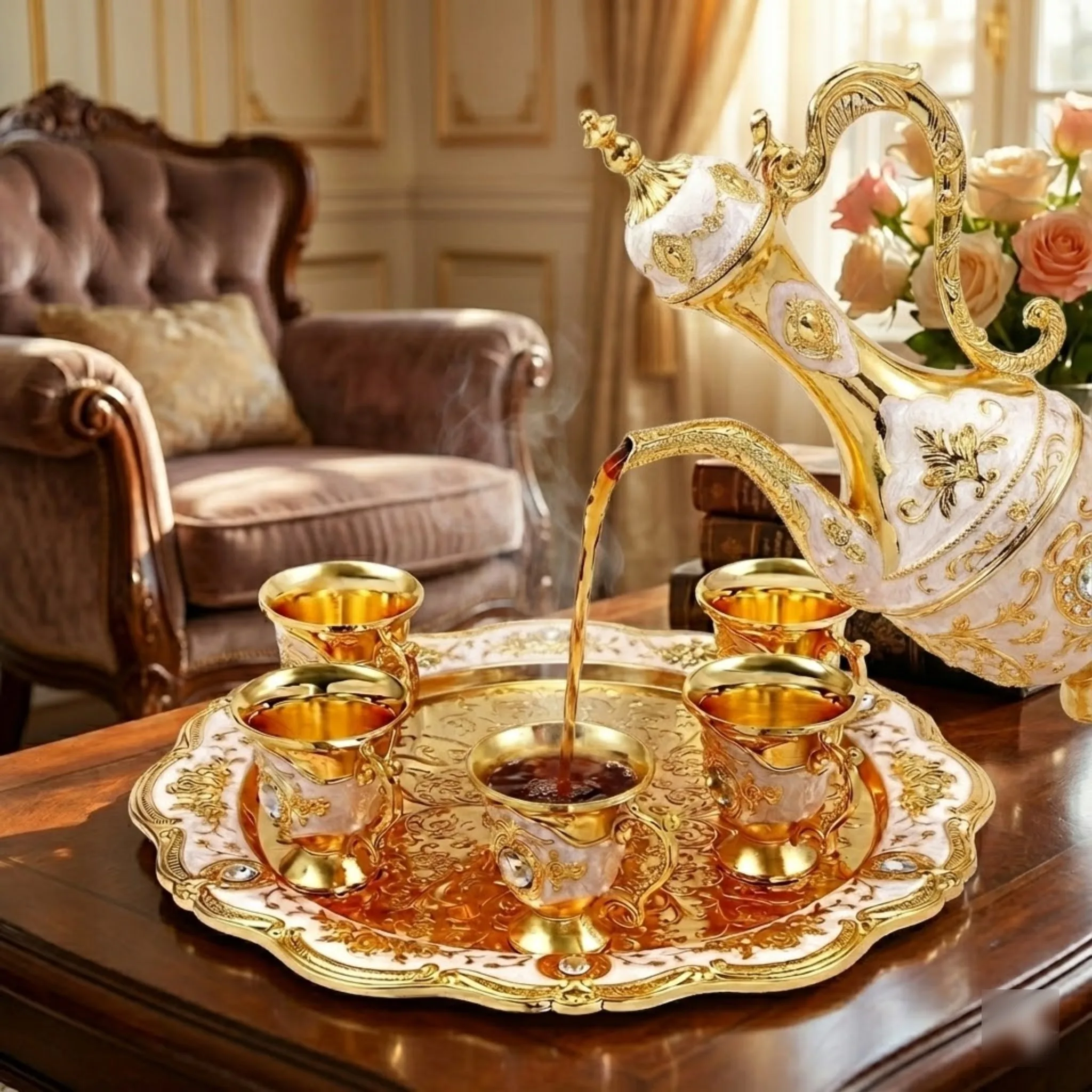 

Coffee Tea Set with Tray Ottoman Style Luxury Metal Craft for Serving