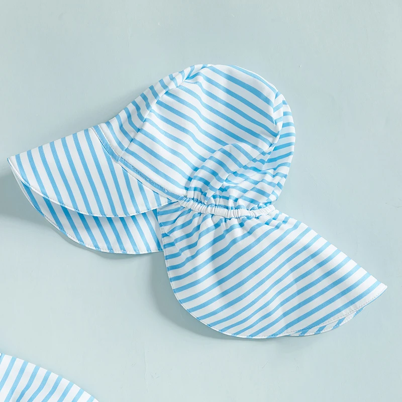 Toddler Boys Girls Rash Guard Swimsuit with Hat 2 Pcs Set Striped Pattern Zip Up Long Sleeve Crew Neck Baby Swimwears