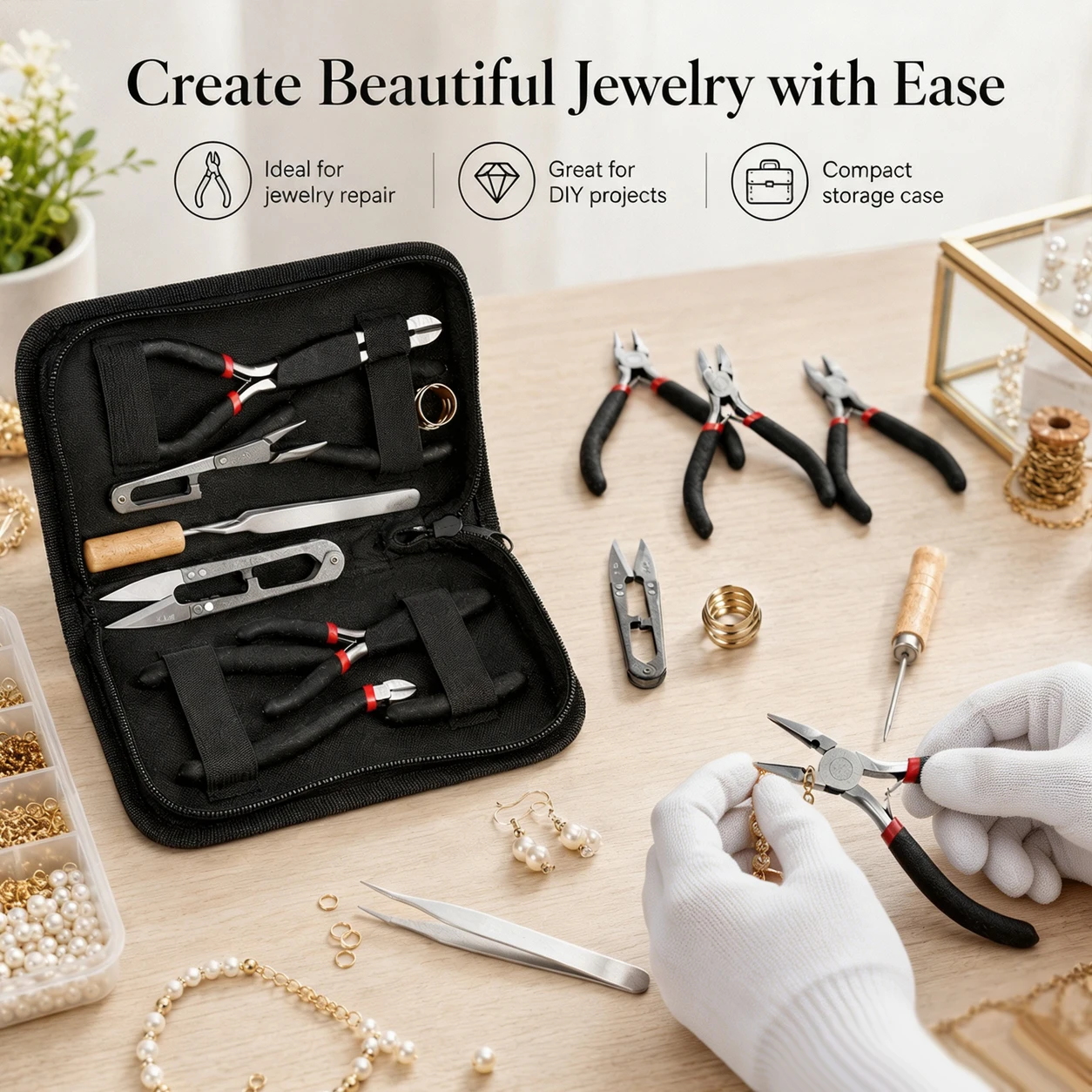 1 Set Jewelry Repair Tool Kit, Jewelry Making Supplies with Pliers Awl Scissors Jump Rings Opener Helping Hands for Beading