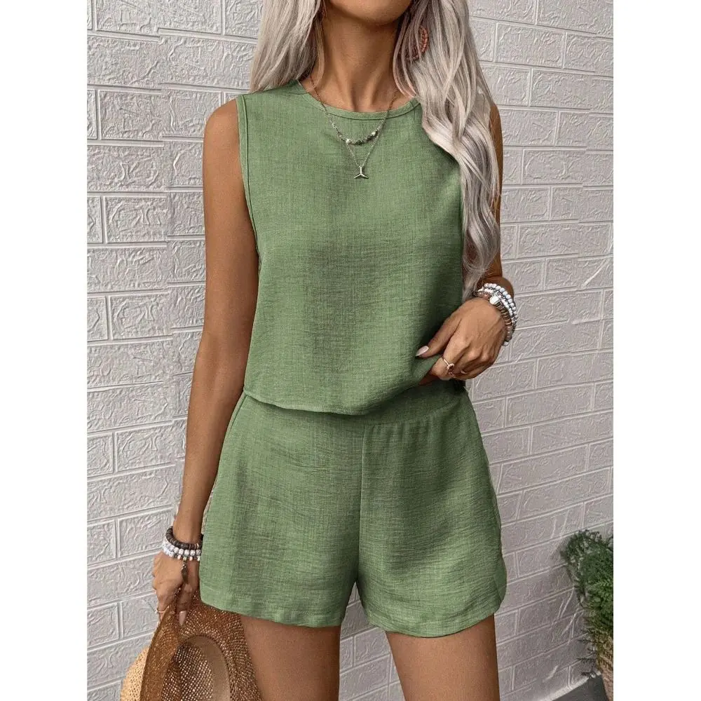 Casual Solid Color Vest Shorts Set Simple Design Multi-size Sleeveless Top Set Casual Outfit Set Casual Wear