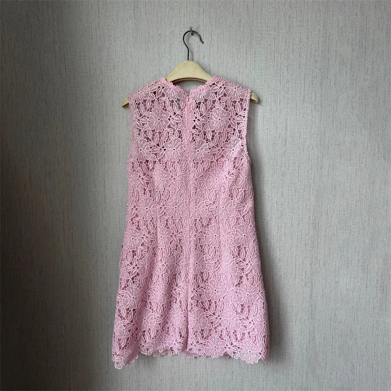 2024 new summer women\'s round neck crochet knitted lace sleeveless dress y2k high quality multi-pocket fashion casual mini skirt