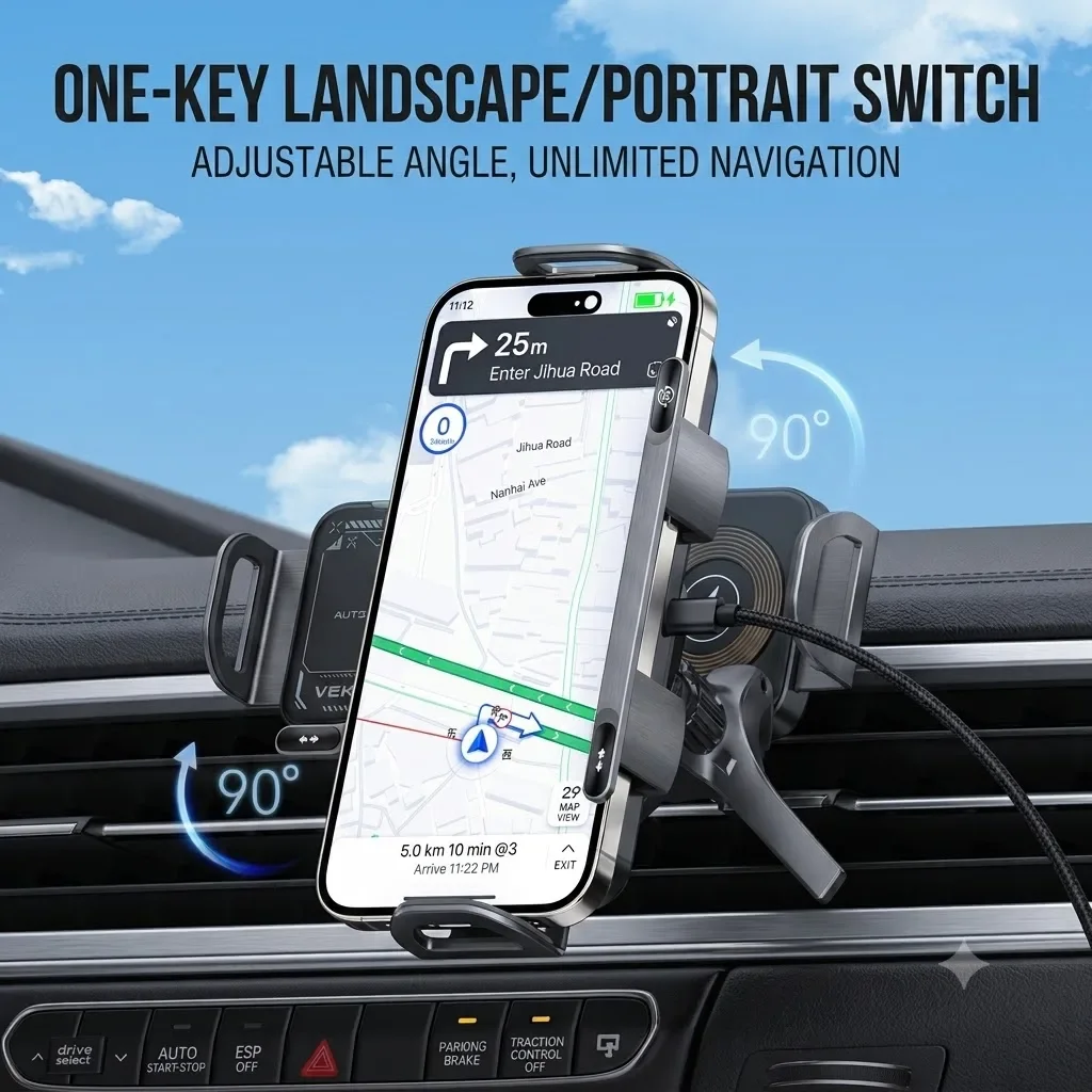 Universal Car Wireless Fast Charging Dual Coil Phone Holder, 360° Adjustable Suction/Clip for Foldable IPhone/Samsung Huawei