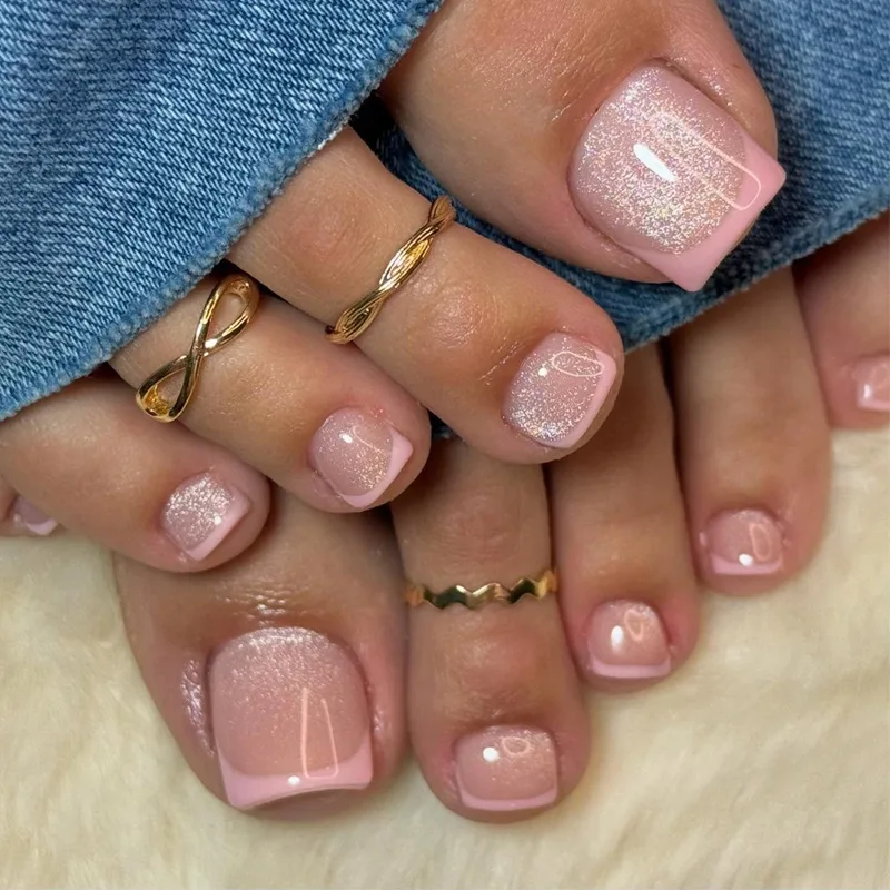 

24Pcs Short Square Head Fake Toenail with Pink French Cat's Eye Design Press on False Nails Art Datachable Full Cover Nails Tips