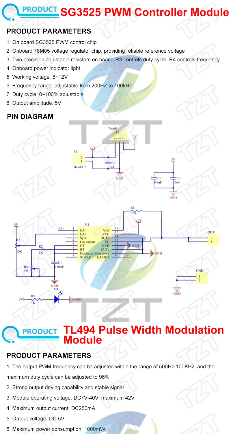 TZT 1/3PCS TL494 SG3525 PWM-Controller-Modul Einstellbare 5V-Frequenz 500-100kHz 250mA – Detail 1