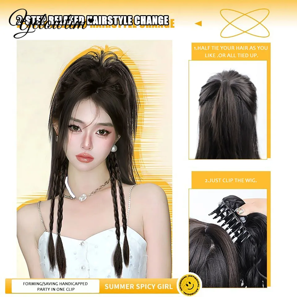 YELOW Braids Wigs Long Hair For Women Color Pigtails Hip Hop Twist Gradient Color Ethnic Style Three-strand Dirty Braids Ponytai