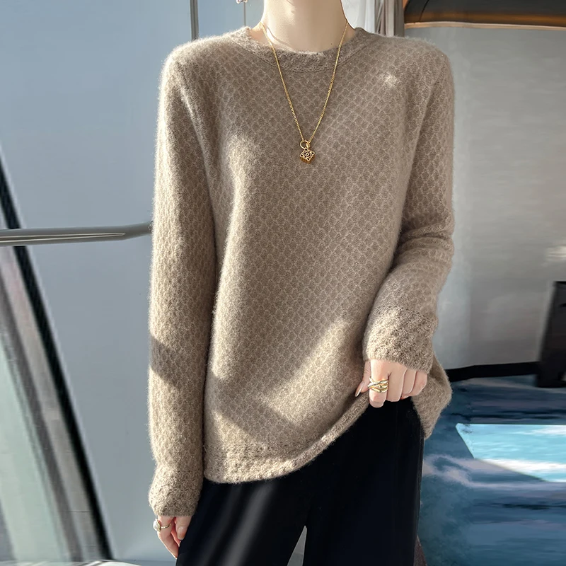 100% Pure Australian Wool Autumn Winter Sweater  Women\'s 2024 New Fashion Half High Neck Knitted Bottom Waffle Long Sleeved Wear