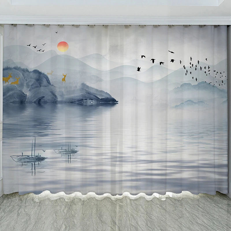 New Chinese Landscape Ink Landscape Painting Chinese Style Living Room Balcony Tea Room Partition Curtain Window 2 panels