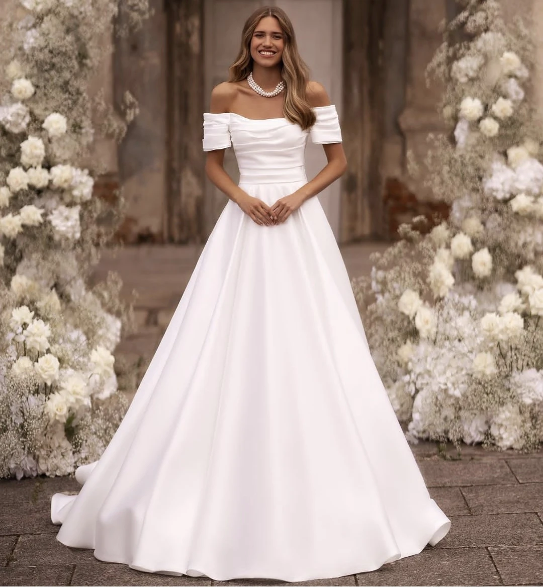 

Stunning Satin Wedding Dress 2024 Short Sleeves A-Line For Women Pleat With Pocket Customize To Measure Robe De Mariee Stunning