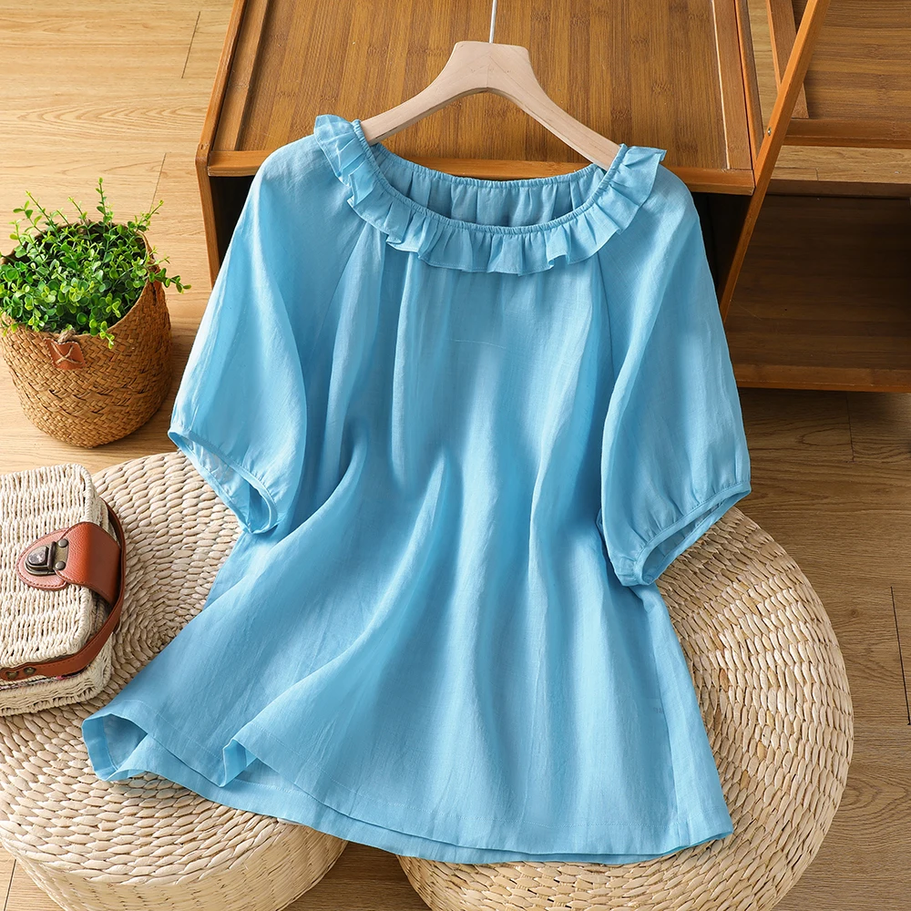

Blue Cotton Linen round Neck Short Sleeve Shirt Women's Fashion Summer New Style Loose Fit Gored Lantern Sleeve Top
