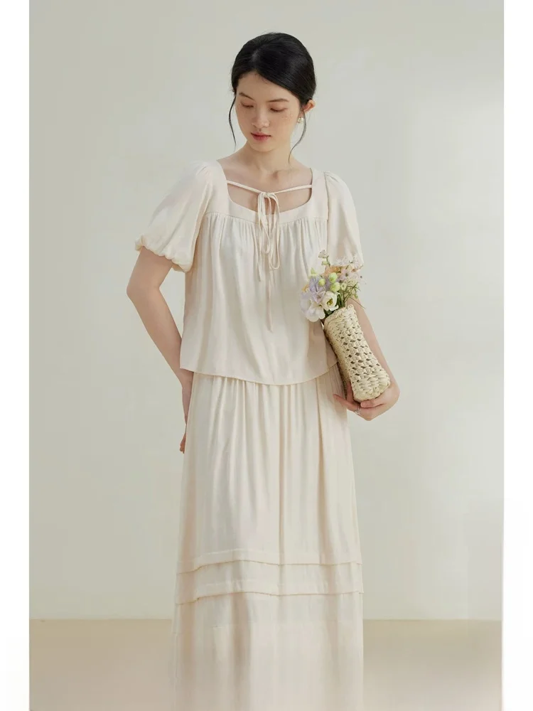 

French Sle irt Skirt Set Women's Summer New High Waist Slim A-Line Skirt Square Collar Blouse Polyester Regenerated Fiber