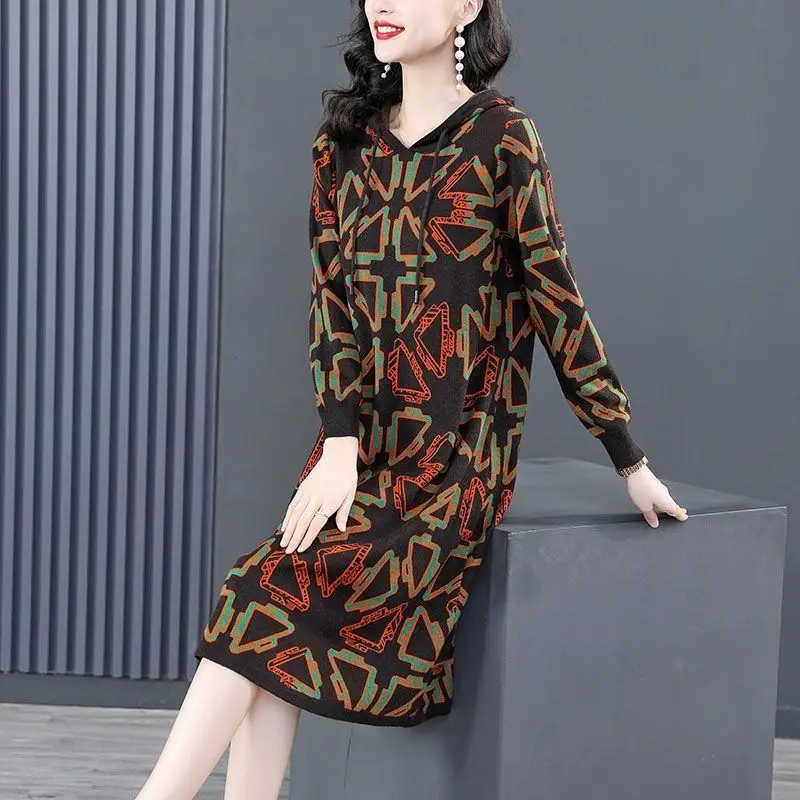 Women Oversize Knit Dress 2023 New Autumn Winter Clothes Casual Hooded Geometry Print Female Knee-length Loose Bottom Dresses