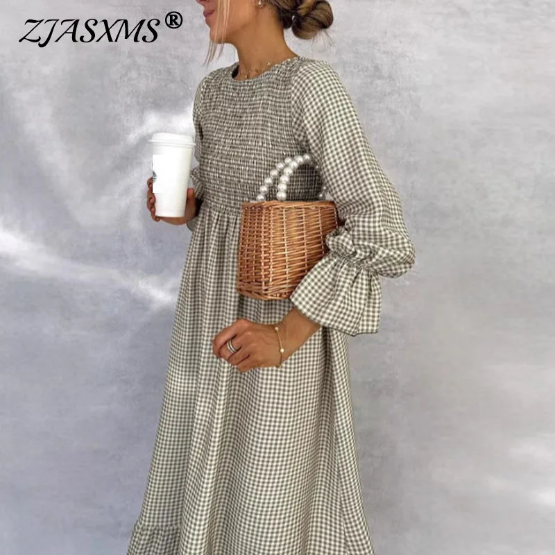 Fall Puff Sleeve A-Line Boho Dress Retro Plaid Print O-neck Button Pleated Long Dress Spring High Waist Loose Womens Party Dress