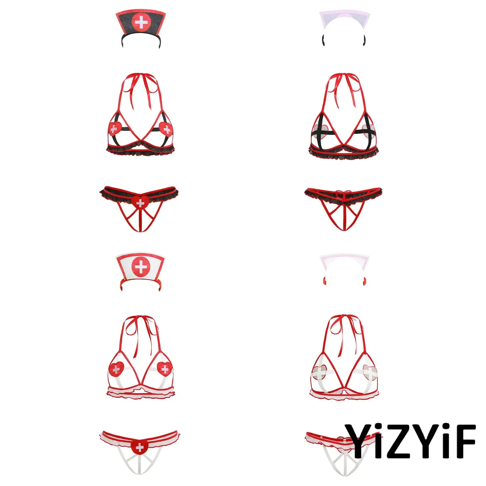 

Женская пикантная униформа медсестры для ролевых игр, комплект сексуального нижнего белья, бюстгальтер с открытой чашкой, топ + стринги + головной убор, ночная рубашка с рюшами, игра для косплея для взрослых