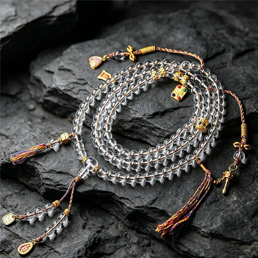 

Natural 8mm Clear Quartz 108 Beads Mala Healing Necklace Handmade Buddhist Meditation Prayer Beads Spiritual Yoga Jewelry