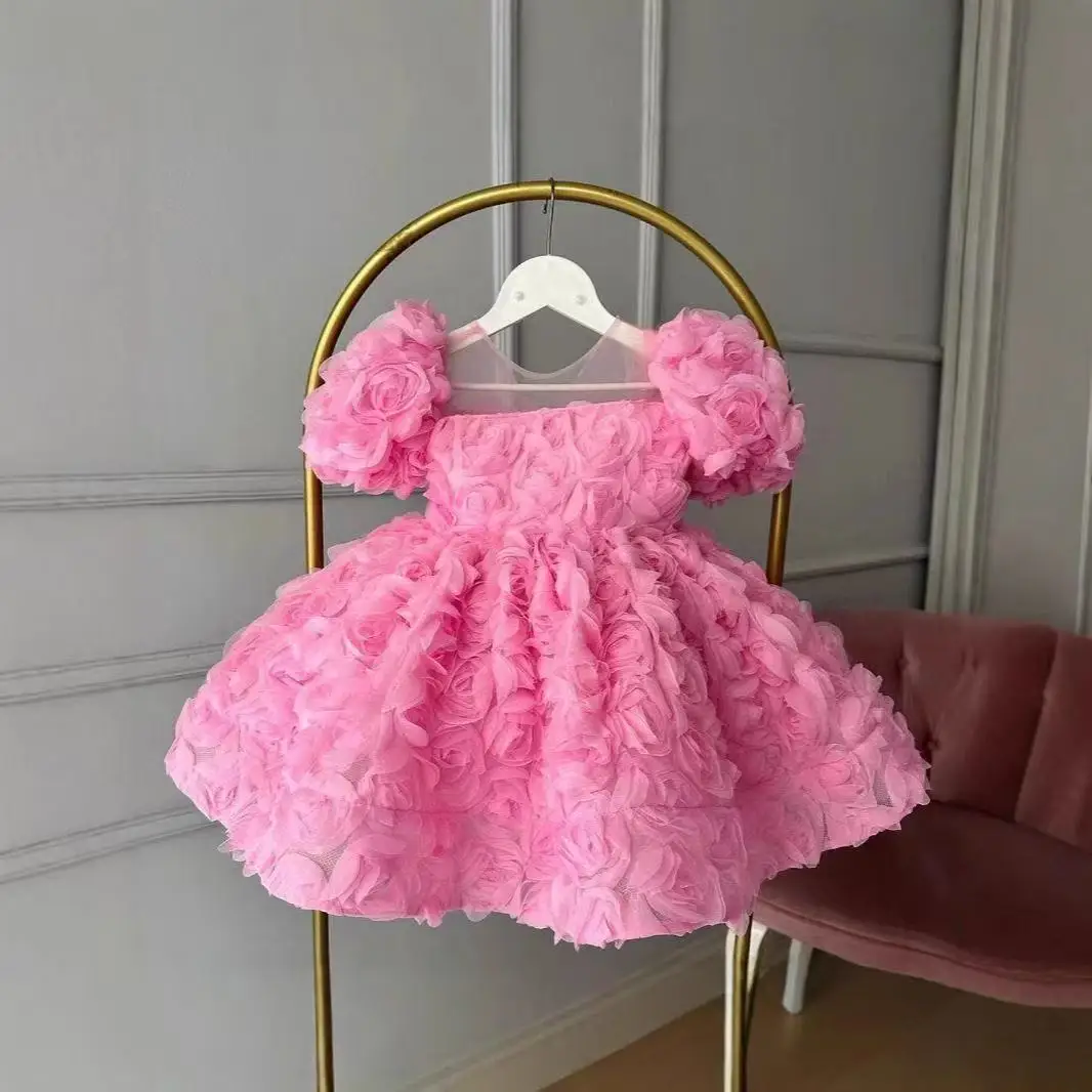 Girl's Dress Dress New Children's Net Red Three-Dimensional Flowers French Princess Dress Girls Runway Show 80-140CM