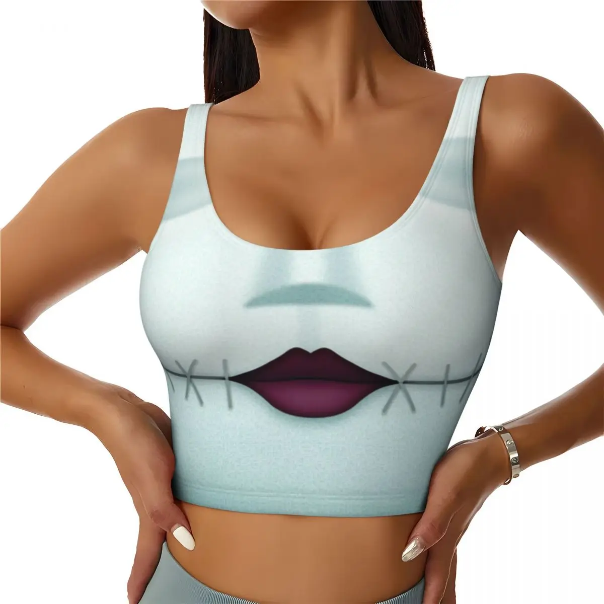 

Custom Sally Stitched Smile Workout Crop Tank Tops Seamless Cartoon The Nightmare Before Christmas Running Yoga Sports Bras