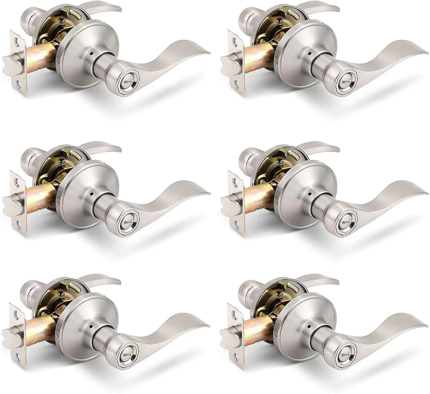 

6-Pack Privacy Door Levers for Bedroom & Bath, Satin Nickel Finish, Reversible Handles
