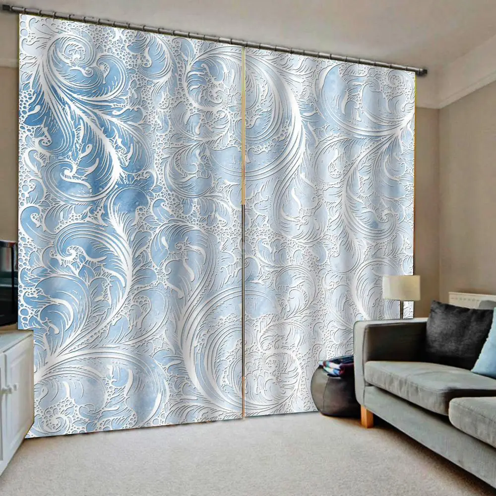 Blue curtains ple flower curtains 3D Curtain Luxury Blackout Window Curtain Living Room Blackout curtain