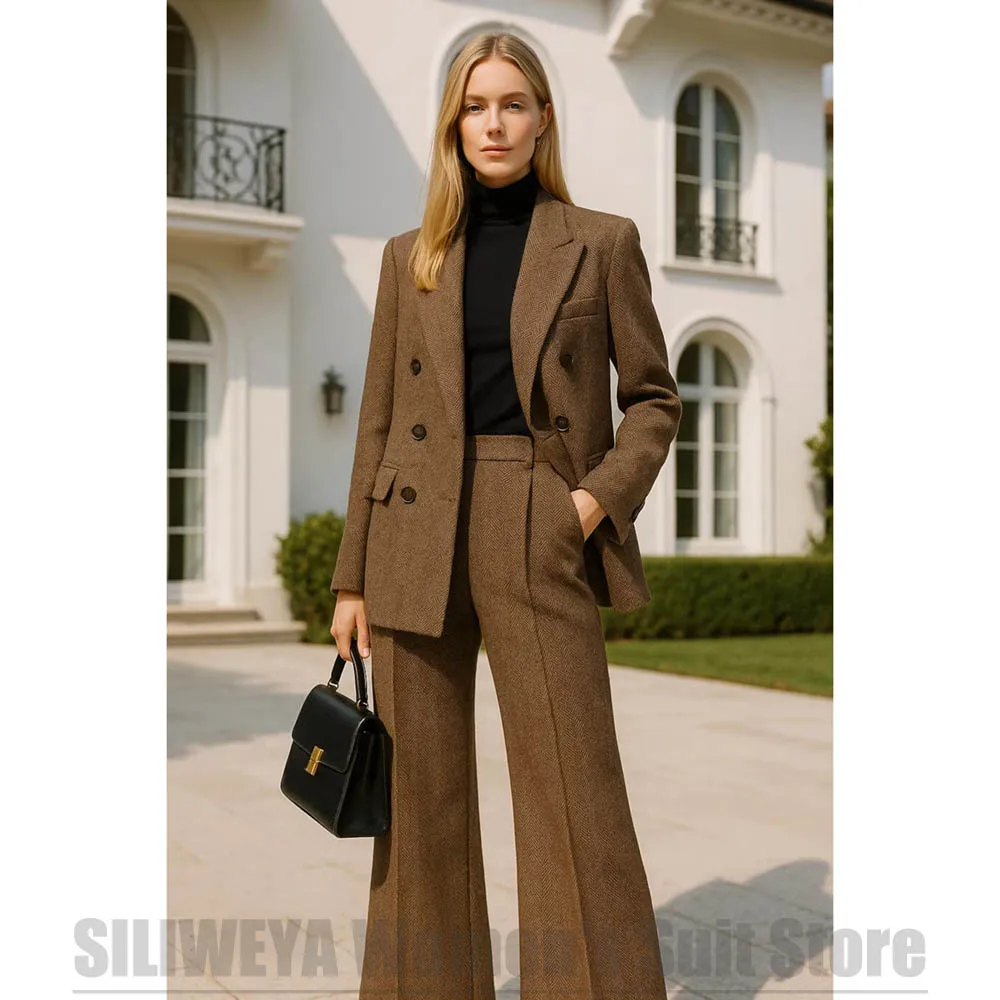 Herringbone Women's Suit 2 Piece Brown Wool Blend Double Breasted Long Sleeves Blazer with Pants Stylish Daily Casual Wear