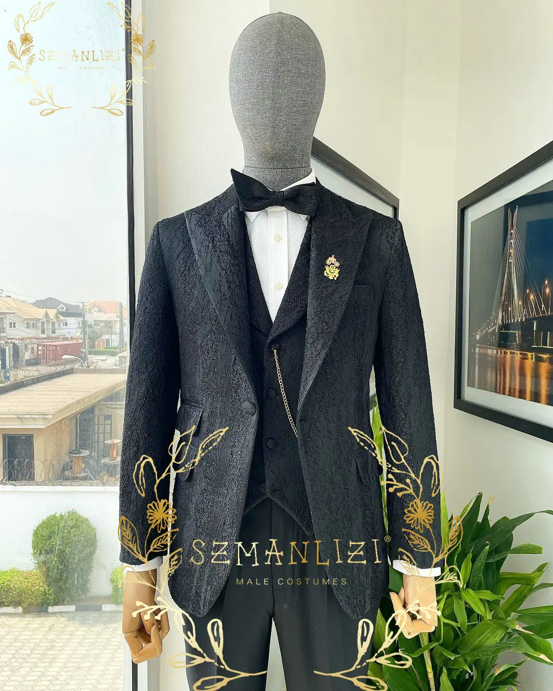 2024 Luxury Fashion Black Printed Groom Tuxedos 3 Pieces Men Suits For Wedding Male Party Dress Costume Homme Jacket+Vest+Pants