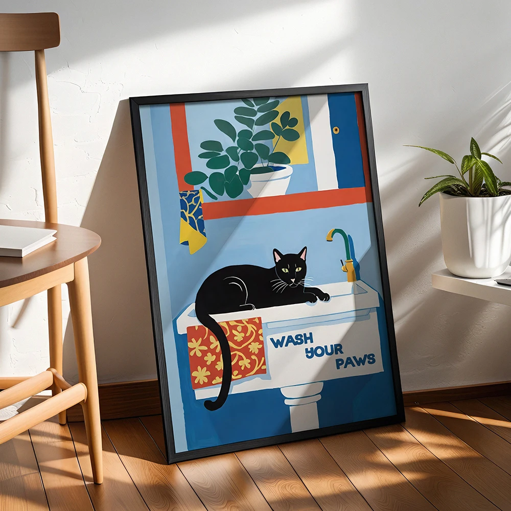 Wash Your Paws Cat Poster Colorful and Whimsical Bathroom Feline Wall Art for Cat Lovers Prints Unique Y2k Apartment Home Decor