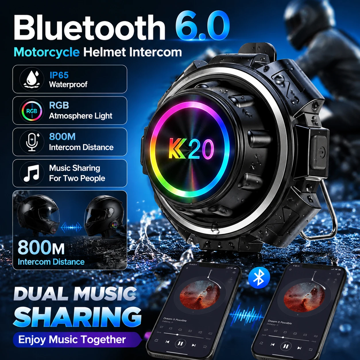 Bluetooth 6.0 Wireless Motorcycle Helmet Headset Hands-free Call 800M Intercom Earphone IP56 Waterproof Music Sharing Interphone