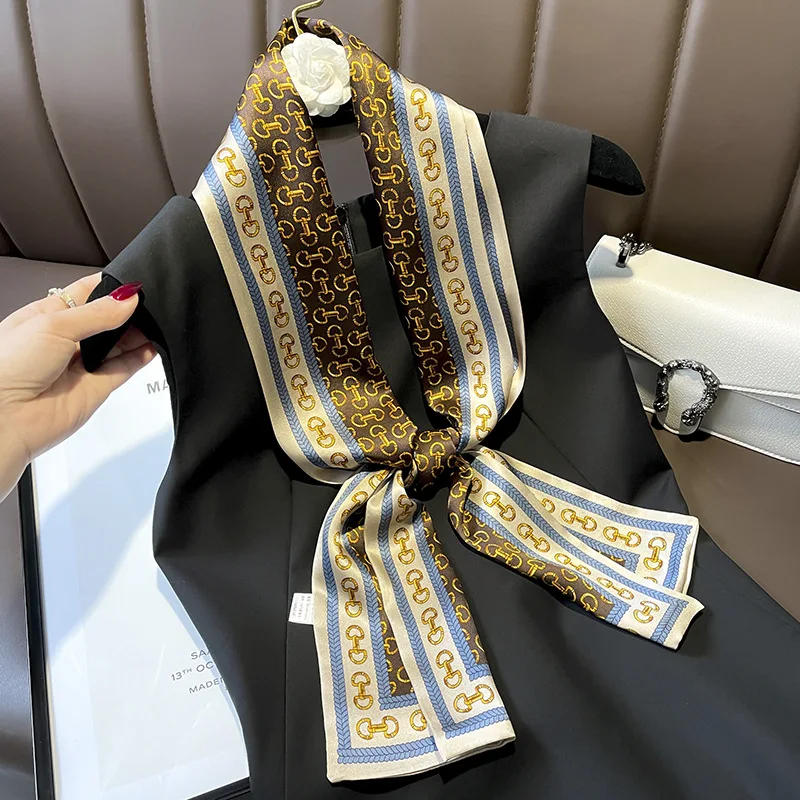 

Корейский женский шарф на выбор 2025 года, двухсторонняя цепочка с принтом, маленький шейный платок из 100% шелка для девочек, шарф с галстуком, вечерние женские шарфы