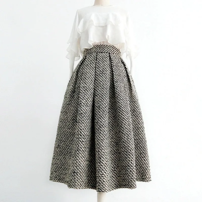 New Fashion Luxury Wool Tweed Skirt Women Elegant Autumn Winter Retro Thicken Slim A-line Houndstooth Skirts