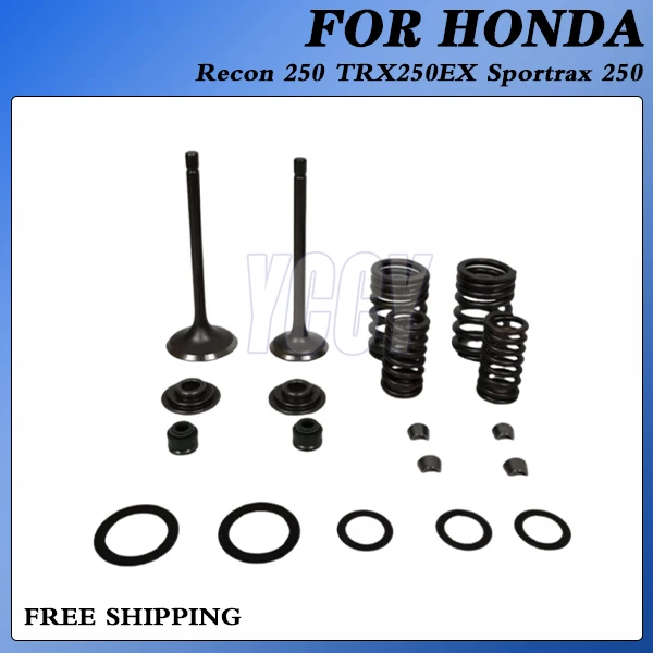 

Комплект клапанов для мотоциклов HONDA Recon 250, TRX250EX, 250EX Sportrax 250: впускной клапан, маслосъемный колпачок, фиксирующая пластина, пружина, прокладка.