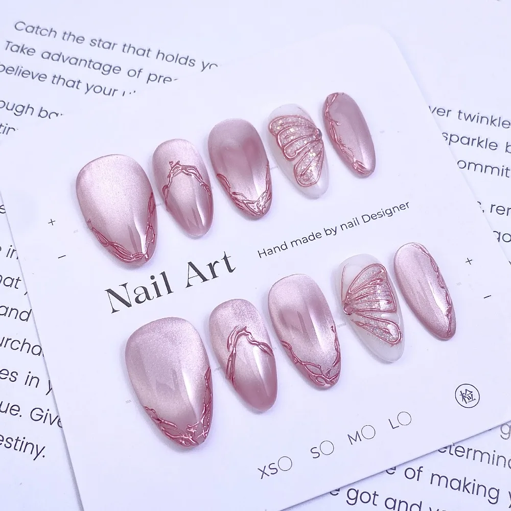 10 Pieces Gentle Sweet Pink Frame Chrome Handmade Press On Nails Glitter Diamond Butterfly Velvet Fake Nails Removable Reusable