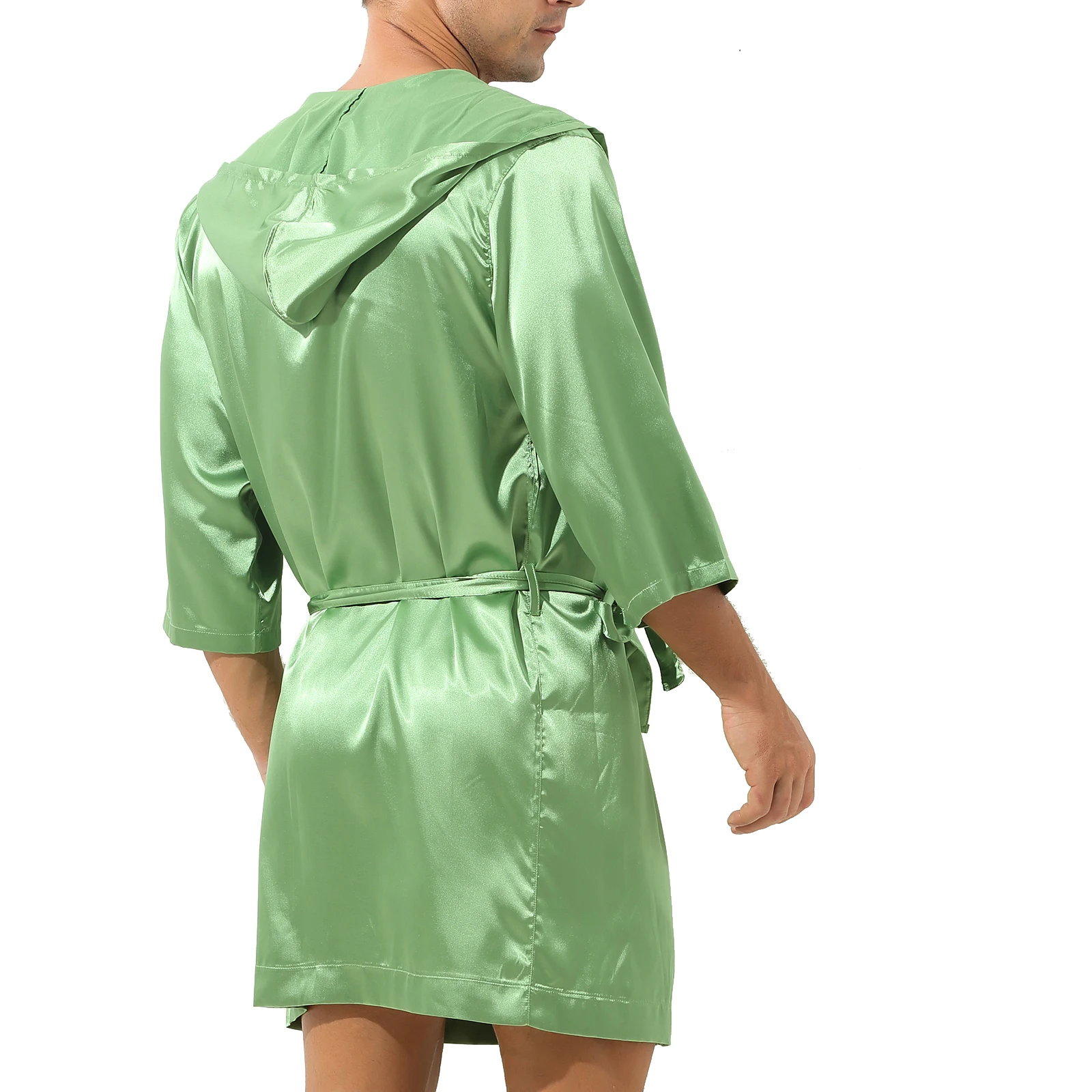 Mens Satin Hooded Night-robe Open Front Pajamas Sleepwear Half Sleeve Belted Bathrobe Kimono Robe Adult Loungewear Nightwear