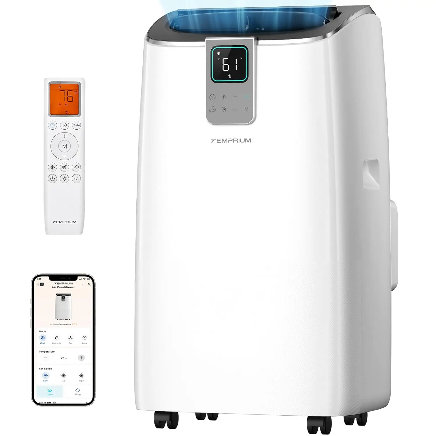 

12000BTU Portable AC 4-in-1 Cooling Fan Dehumidifier APP Voice Remote 600SqFt 41dB Timer Silent Mode Custom
