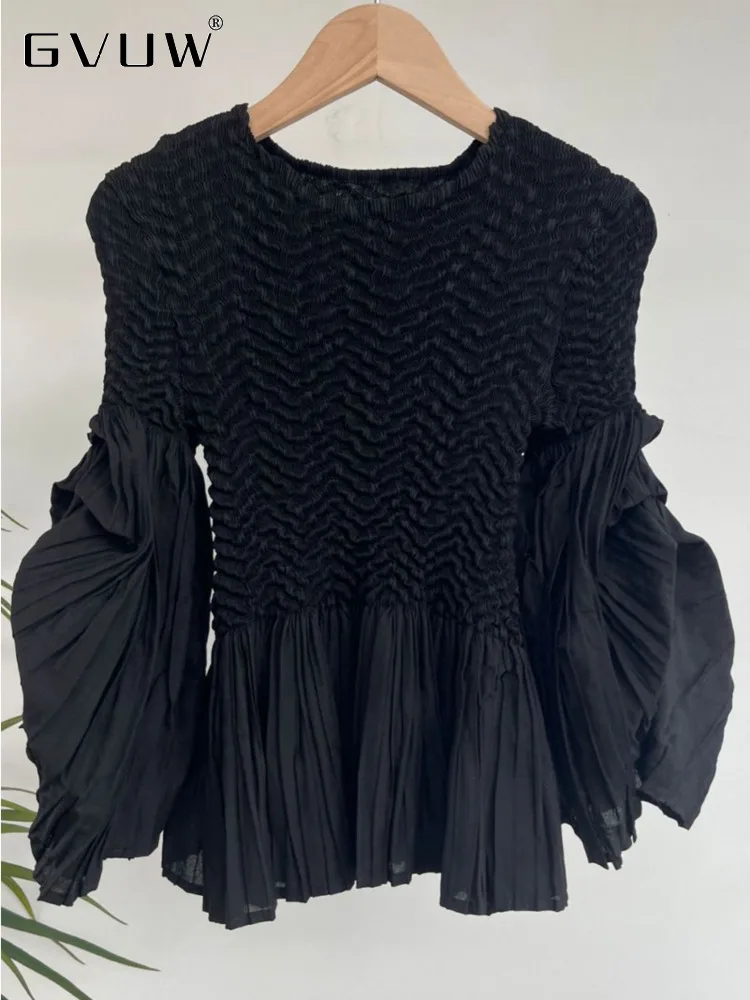 GVUW Elegant Pleated Shirts For Women 2023 New Autumn O-neck Puff Sleeves Solid Color Patchwork Loose Fit Blouse Female 17G2859