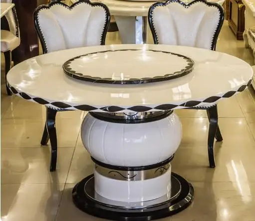

European marble dining table, modern simple round dining table, solid wood with turntable