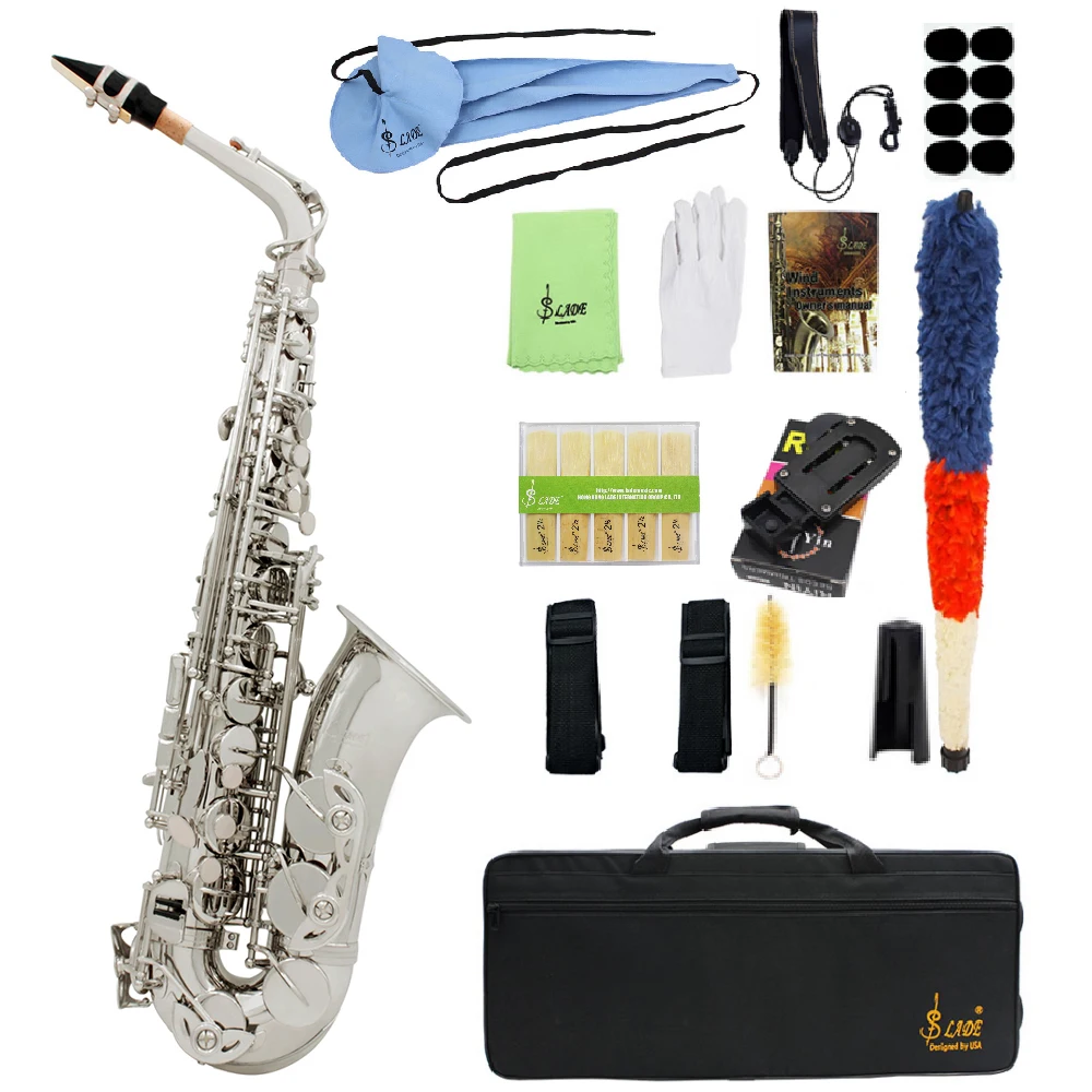 SLADE Eb Alto Saxophone Silver E Flat  Brass Body Carved White Shell Button Sax with Case Strap Gloves Reeds Accessories Set