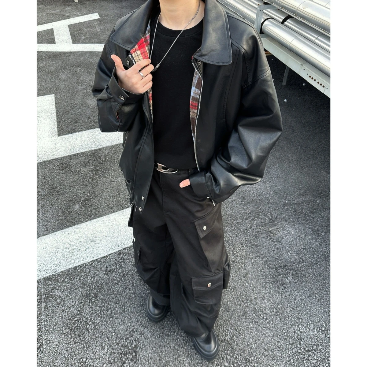 

Двусторонняя куртка из искусственной кожи в клетку, свободного кроя, в стиле ретро, американский стиль, мужская осенне-зимняя, для пар, с отложным воротником