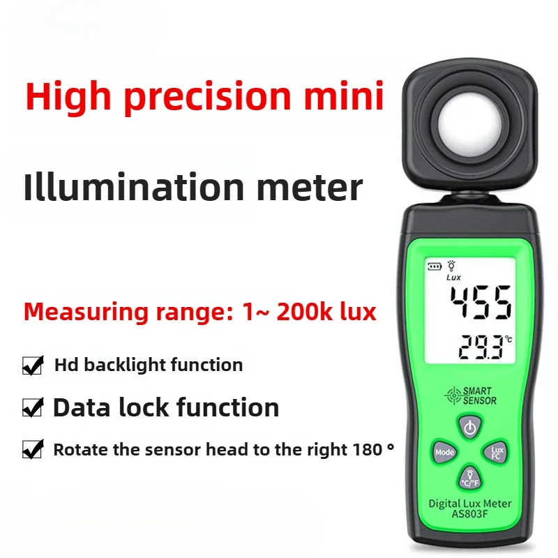 Luxmeter Light Meter Digital Lux Meter AS803F 0-200000 Lux Test Illuminometer Smart Sensor LCD Display Universal Photometer