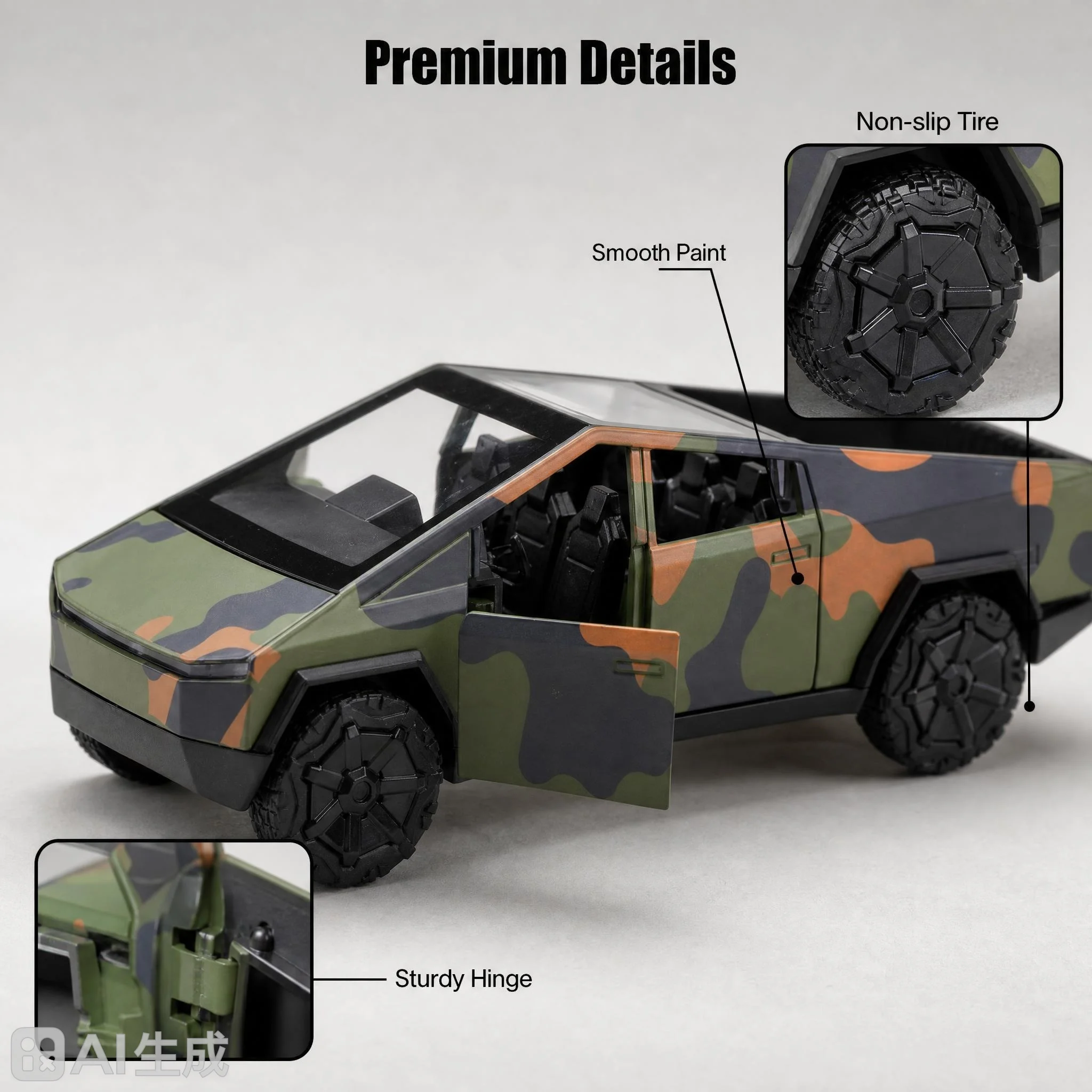 1/36 camouflage off-road pickup alloy model, can open the car door, large off-road tires, futuristic angular body, simulated car - view 5