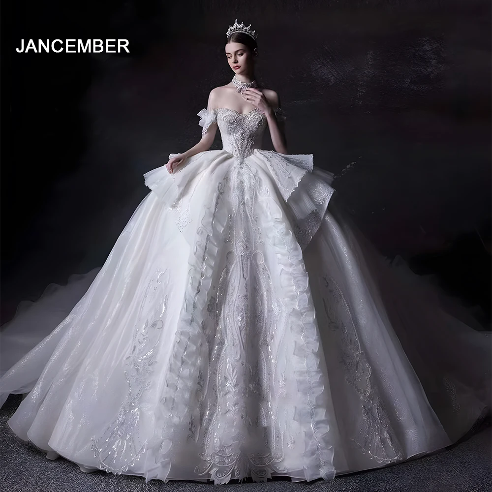 Jancember Novelty International Wedding Dresses 2024 Ball Gown Sweetheart Short Sleeves Beading Pearls Robe Mariage LSHT003