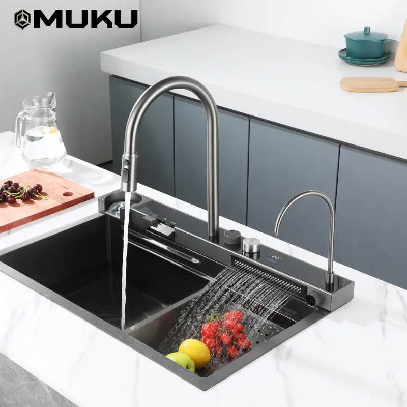 

Waterfall Digital Display Honeycomb Nano Black Kitchen Sink Stainless Steel Oil-Resistant Piano Button Single Sink Faucet Set