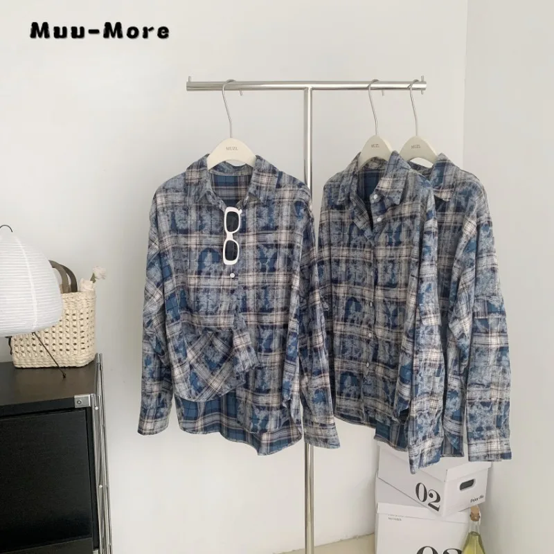 Women American Retro Blue Double-sided Design Plaid Polo Collar Single Breasted Blouse 2023 Autumn Winter Loose Fashion Shirt