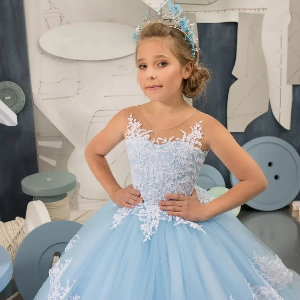 Apliques de encaje blanco azul cielo, sin mangas escalonadas para boda, fiesta de cumpleaños, banquete, vestido de princesa, vestido de niña de flores personalizado
