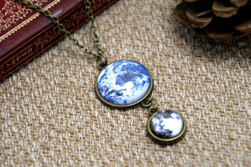 12pcs/lot Earth and Moon Necklace Space Jewelry Full Planet Glass Dome Galaxy