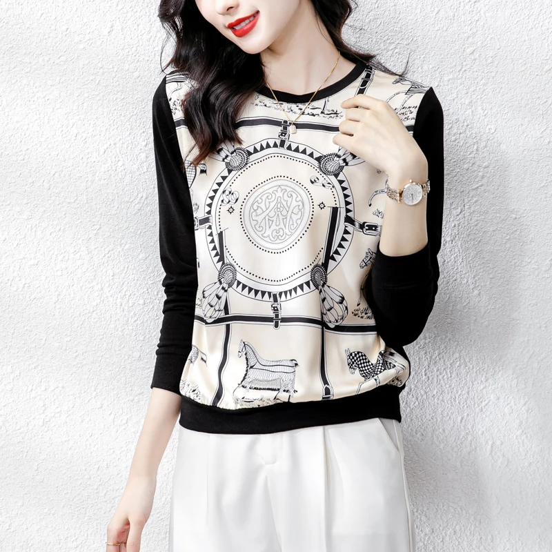 

Korean Sle Women's Casual Knitted T-irt Stand Fit Long Sve Polyester Ladies Faion Summer Top