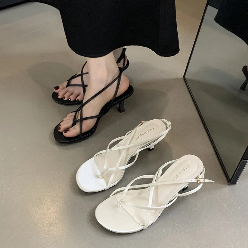 Sandales à Talons Aiguilles et Bas pour Femme, Chaussures avec Sangle et Ruban, Beige, Confortables, Noires, à la Mode, Été 2024