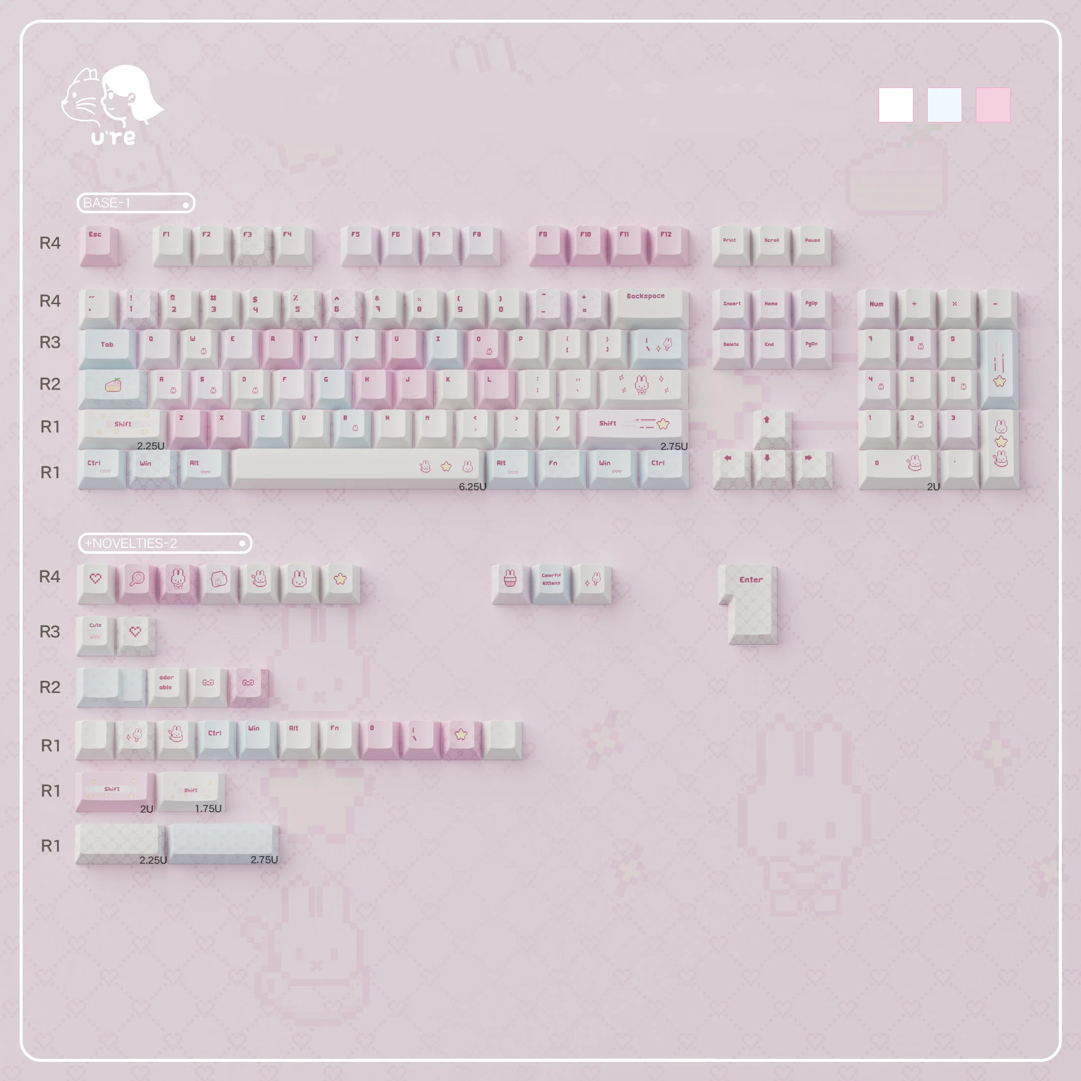 URE Pink Rabbit Keycaps Cherry Profile Dye-Sublimation PBT Keycaps Cute Girl Keycaps For MX 61/87/96/104 Mechanical Keyboard