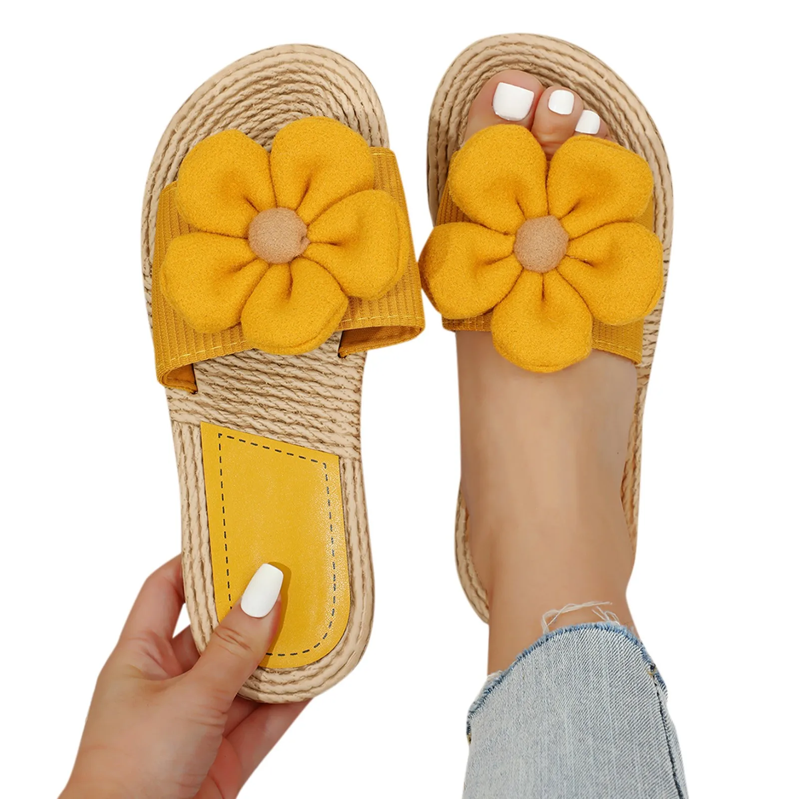 Women Slippers Artificial Straw Sole Shoes Lady Summer Indoor Flat with Flip Flops Stitching Floral Women Slippers Sandalias